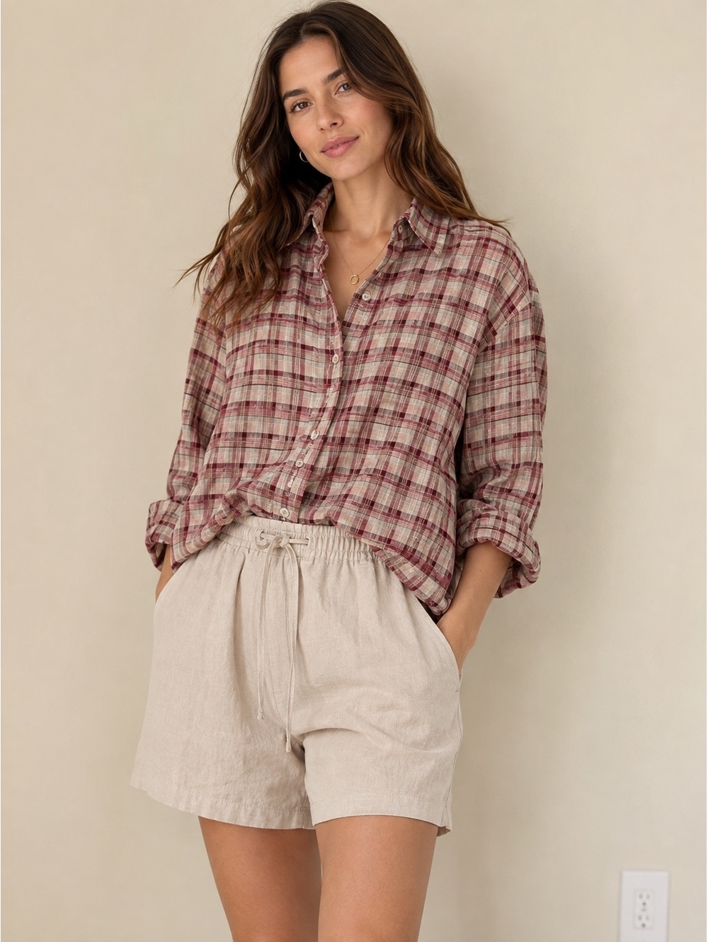Zara Women's Plaid Button-Up Shirt Size Small Red Beige Cotton Blend